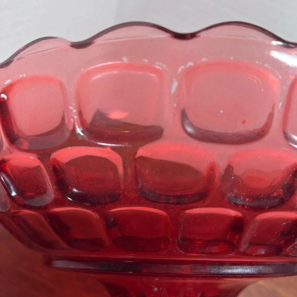 Vintage Federal Glass Yorktown Colonial Ruby Red Thumbprint Footed Bowl 10”